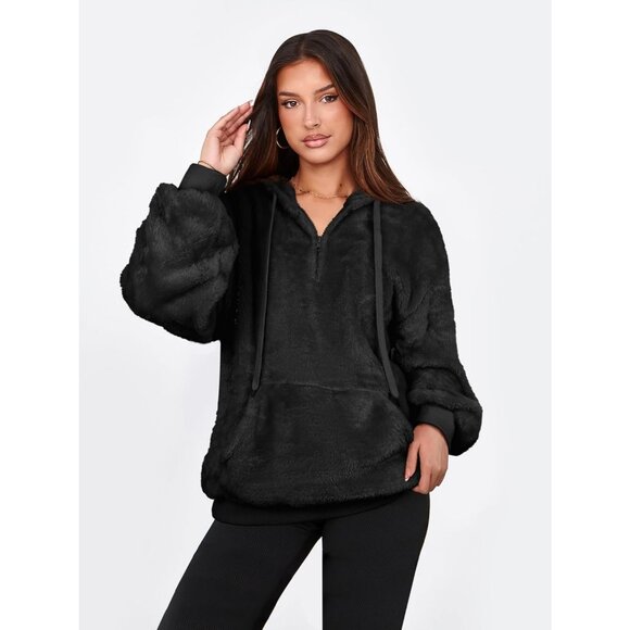 Women Black Oversized Fuzzy Fleece Zip up Hoodie Sweatshirt - Picture 2 of 5